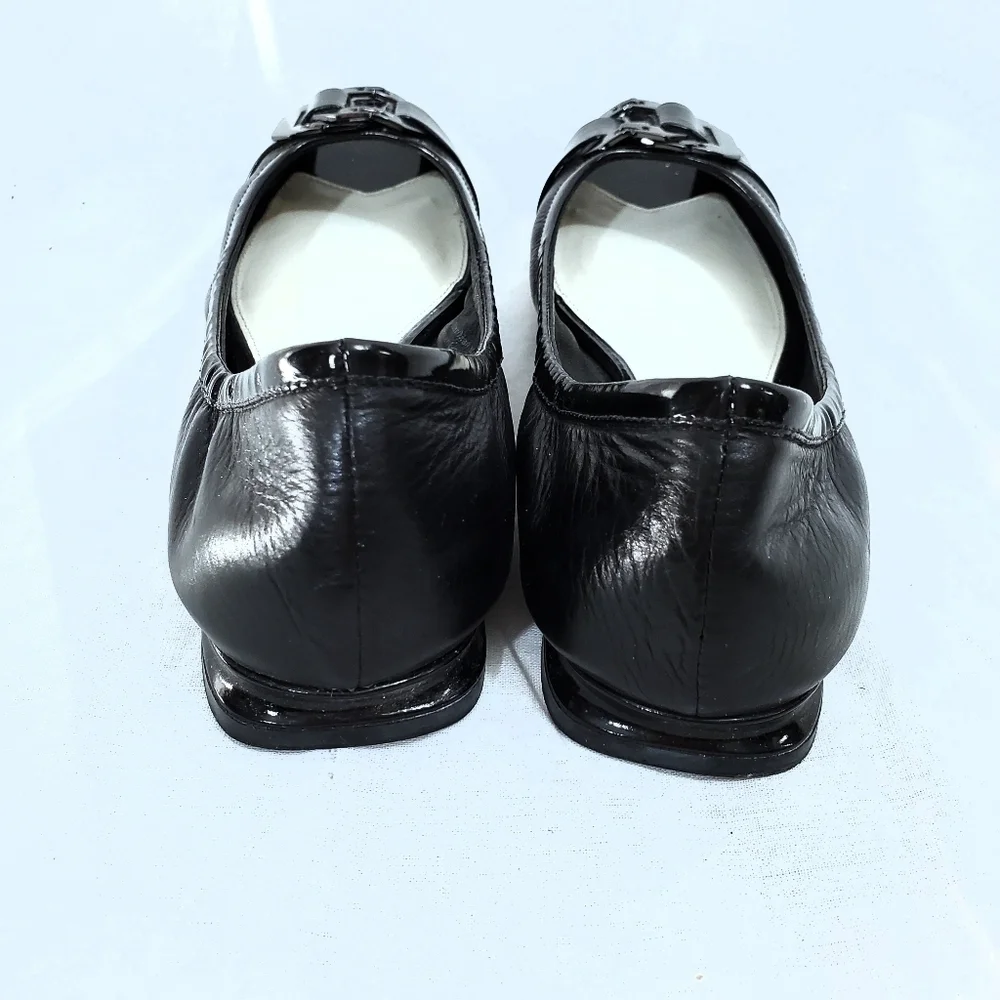 Via Spiga Black Patent Leather Peep Toe Flats